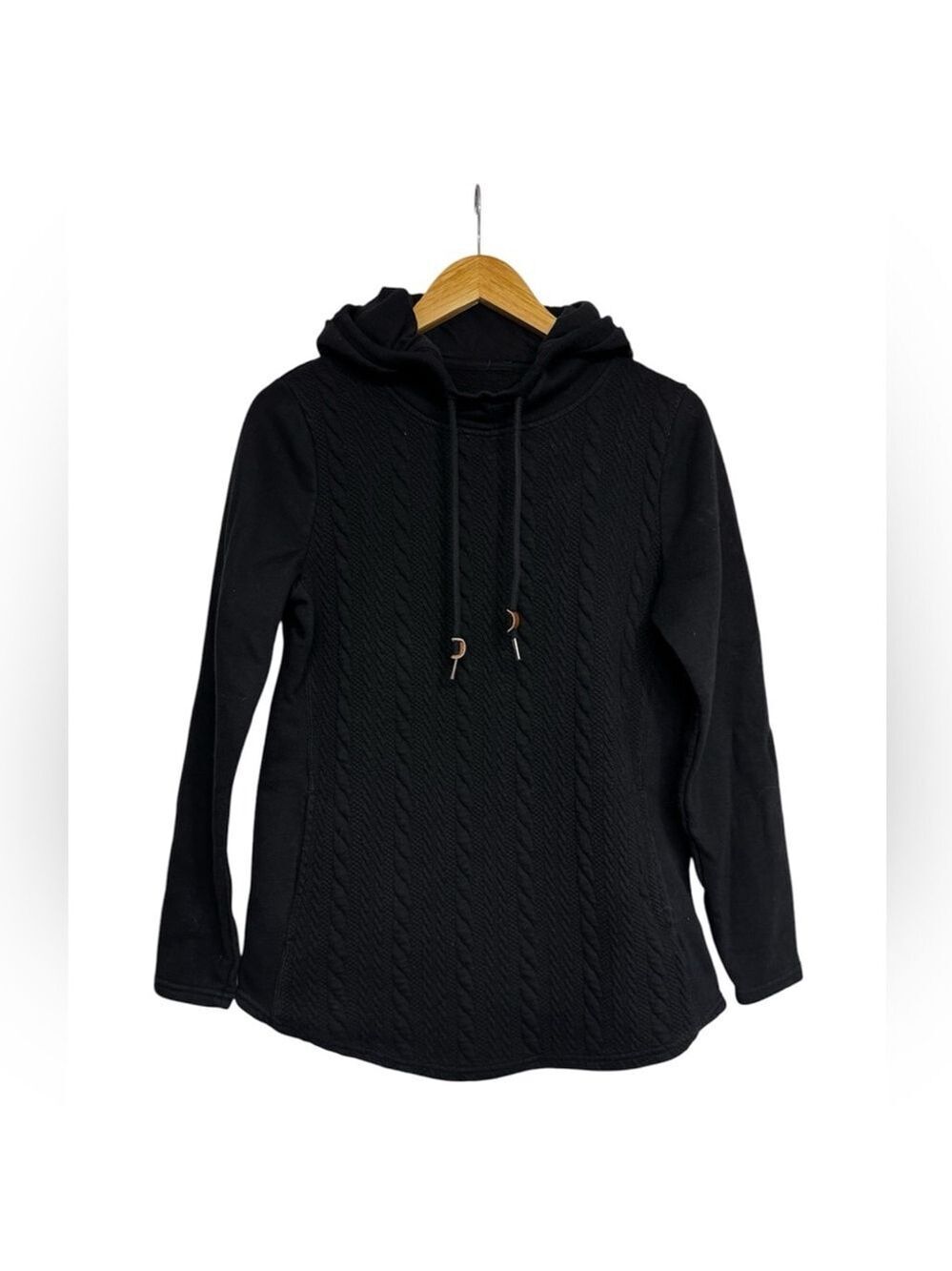 Hooded Pullover Sweater with Cable Knit Detail Black Size Small Classic